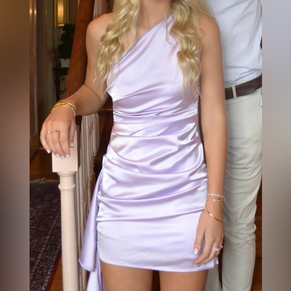 One Shoulder Satin Mini Homecoming Prom Cocktail Dress in Lilac